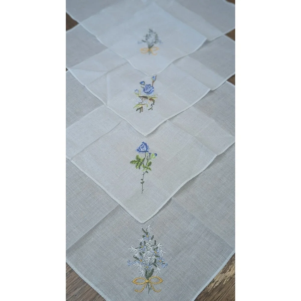 Hand Embroidered White Cotton Handkerchief Blue Flowers - Set Of 4 -